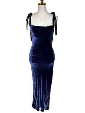 Reformation Navy Blue Velvet Tie-Strap Maxi Dress size XS